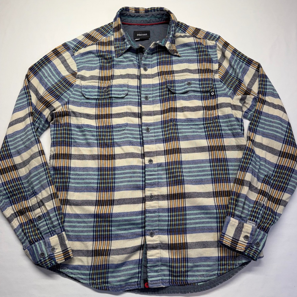 Marmot Men's Large Plaid Flannel Shirt Blue Cream Outdoor Hiking Button Up